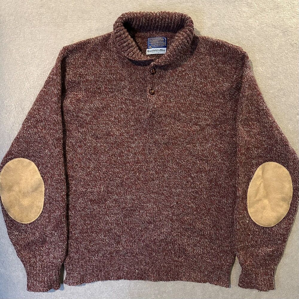 Vintage 70s Pendleton Outdoorsman Sweater XL Maroon Wool Henley Elbow Patch USA